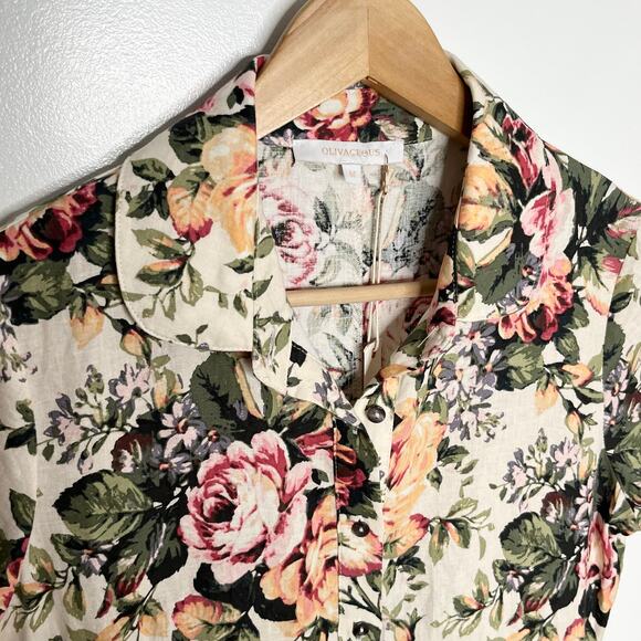 Olivaceous Womens Linen Blend Short Sleeve Mini Shirtdress Medium Cream Floral - Picture 4 of 10
